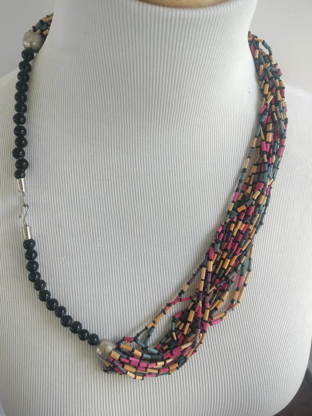 Multistrand Pink, Black & Blue Beaded Necklace Vintage 24